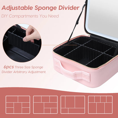 Makeup Case with Adjustable LED Mirror 3 Color Brightness Settings and Customizable Dividers