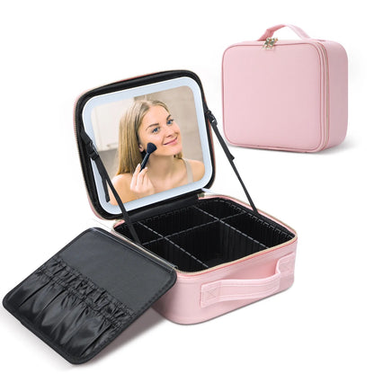 Makeup Case with Adjustable LED Mirror 3 Color Brightness Settings and Customizable Dividers