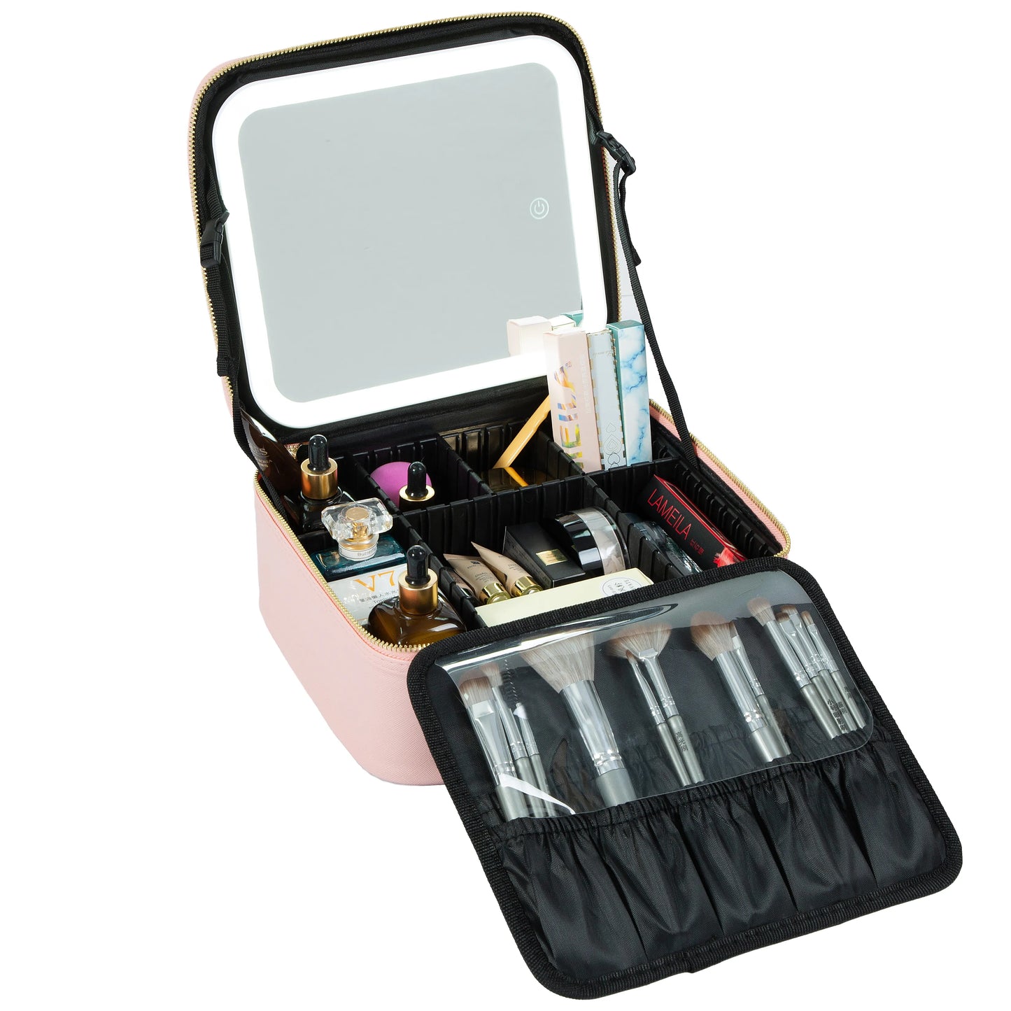 Makeup Case with Adjustable LED Mirror 3 Color Brightness Settings and Customizable Dividers