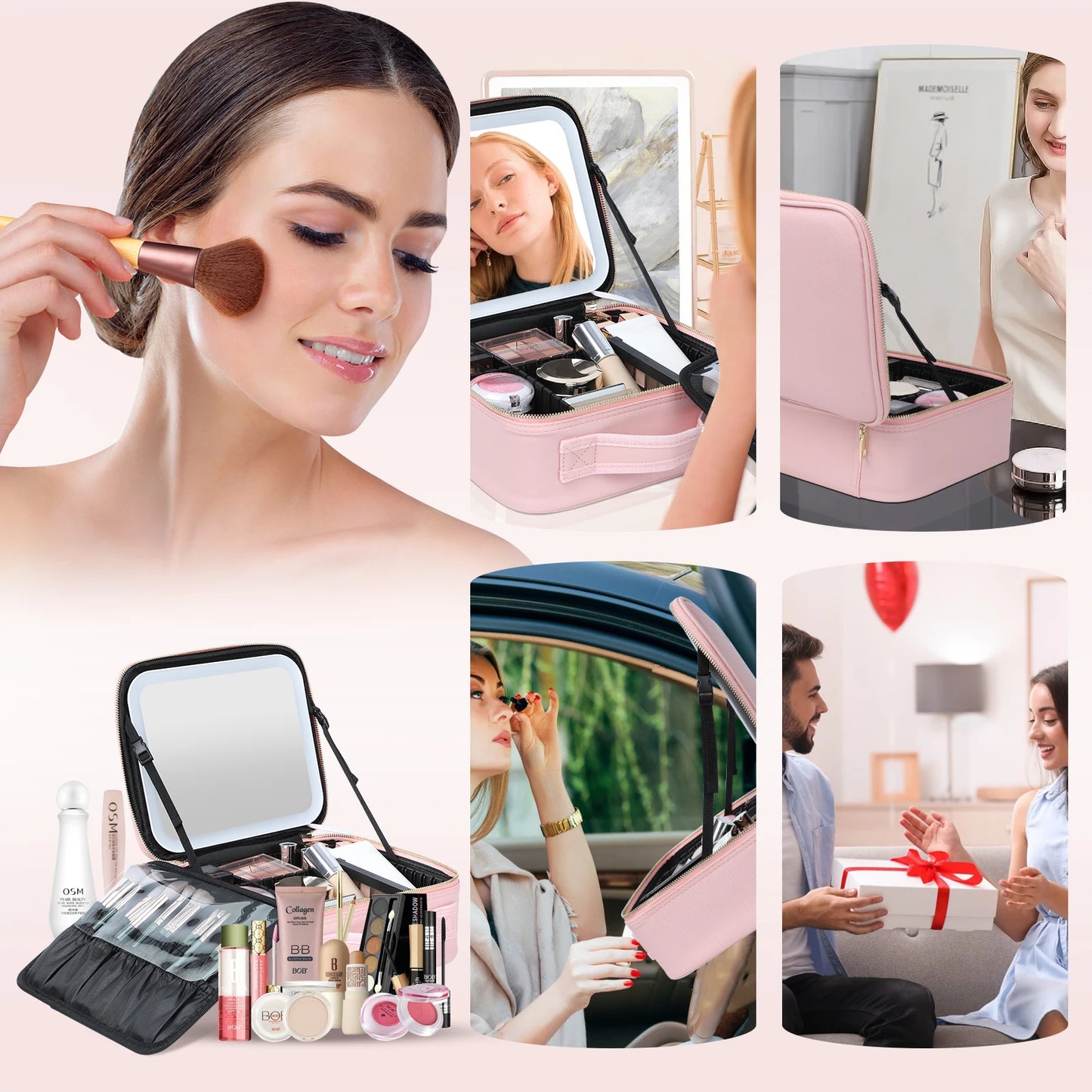 Makeup Case with Adjustable LED Mirror 3 Color Brightness Settings and Customizable Dividers